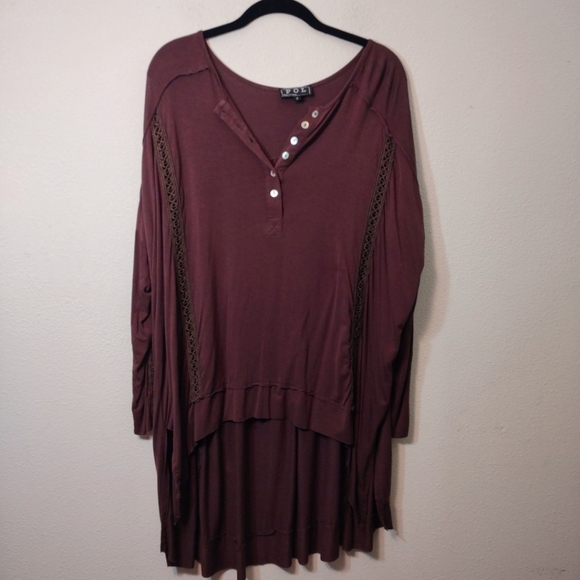 POL Tops - POL Brown Raw Edge Henley Tunic Top Small
